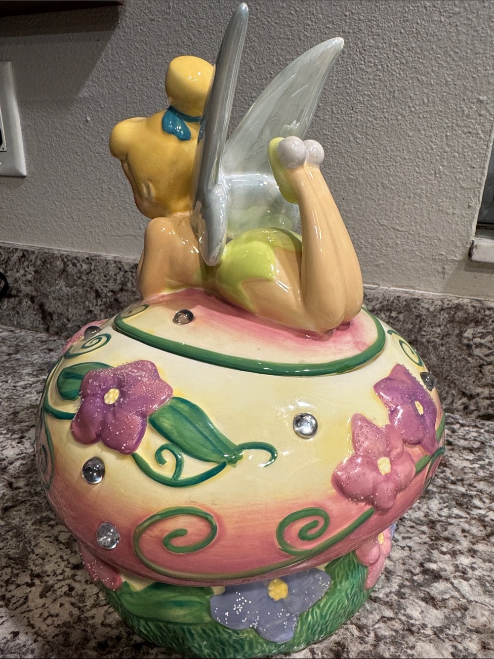 Disney Antique tinkerbell on mushroom with flowers and sparkles cookie jar - Picture 3 of 10